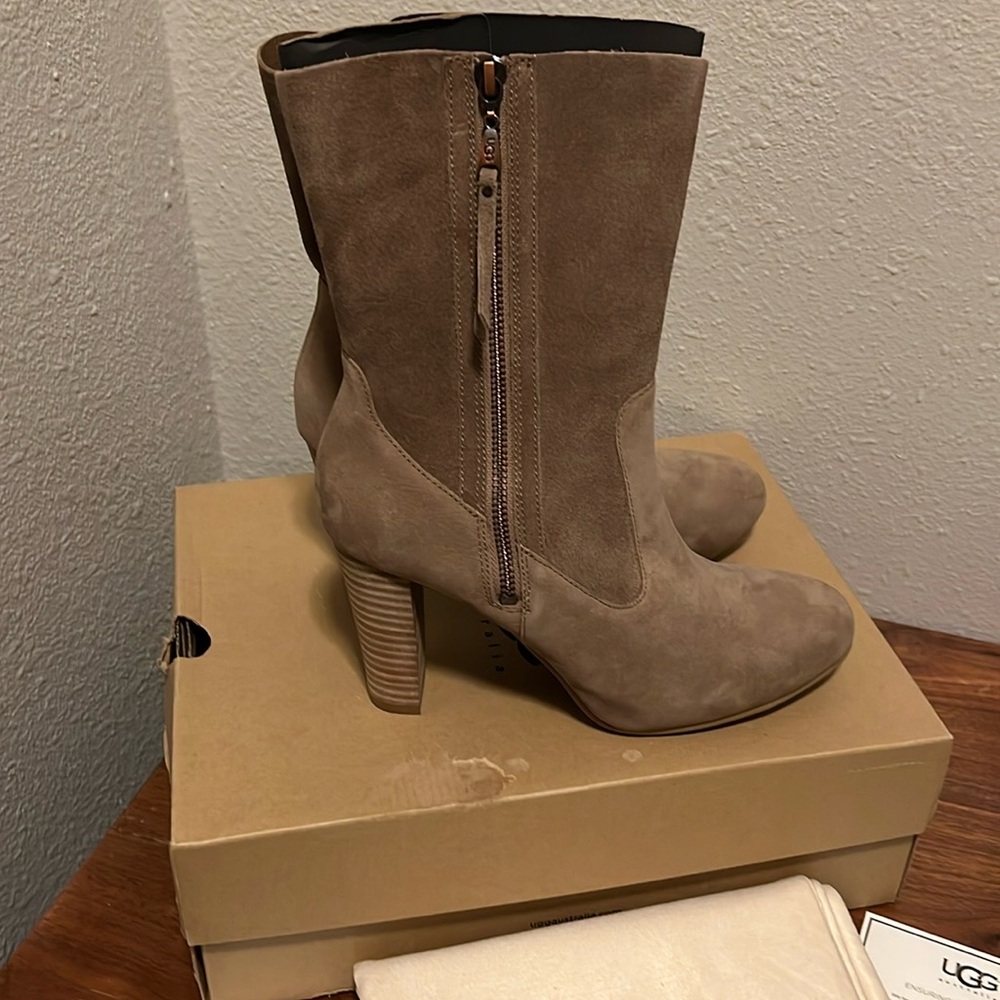 UGG Womens Athena Leather And Suede High Heel Boot Beige Sz 7.5